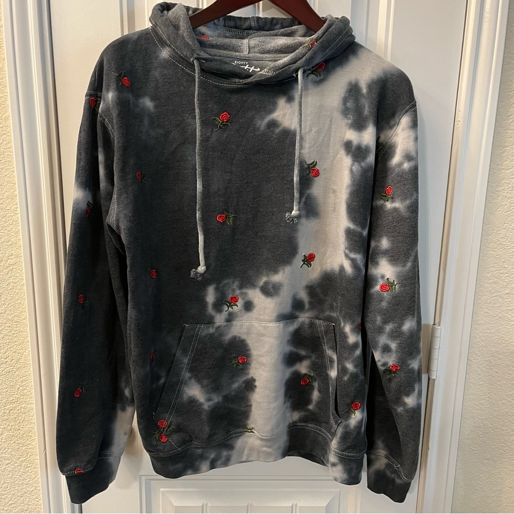 Eighty Eight Brand Tie-Dye Gray Hoodie w/ Red‎ Embroidered Roses Size Medium